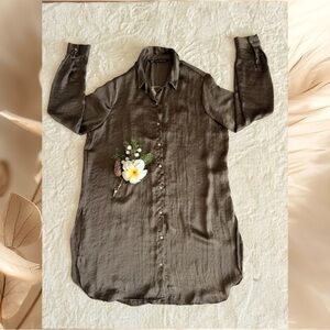Zara Women's Brown Button Down Shirt Silk Bird and Flower embroidery spring